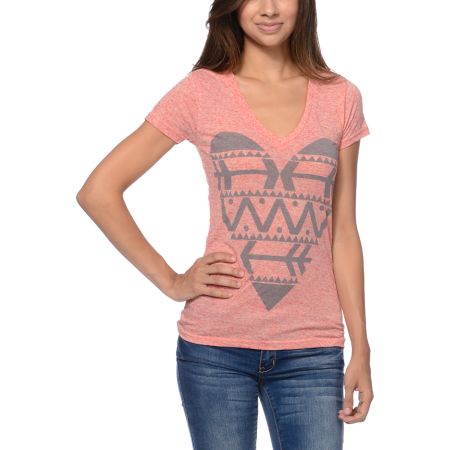Empyre Girls Native Heart Heather Coral V-Neck Tee Shirt 