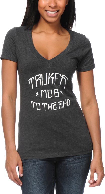 Trukfit Girls MOB Charocal Grey V-Neck Tee Shirt