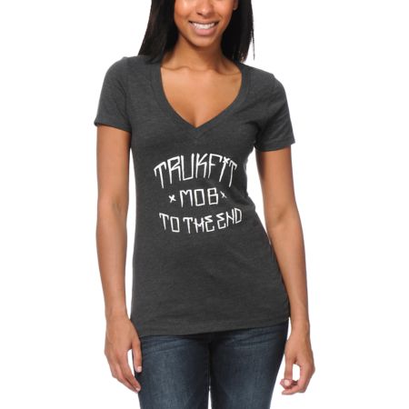 Trukfit Girls MOB Charocal Grey V-Neck Tee Shirt