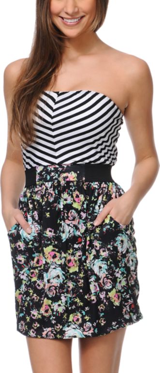 Love, Fire Aurora Black Floral Print Strapless Dress
