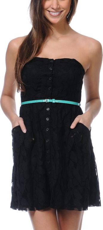 Love, Fire Button Up Black Lace Strapless Dress