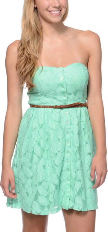 Love, Fire Button Up Mint Lace Strapless Dress