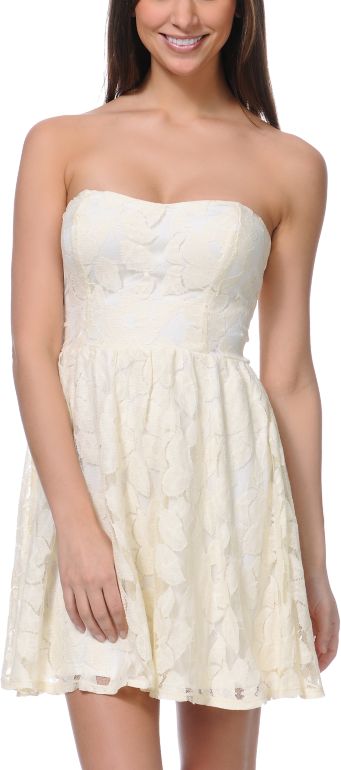 Love, Fire Cream Lace Open Back Strapless Dress