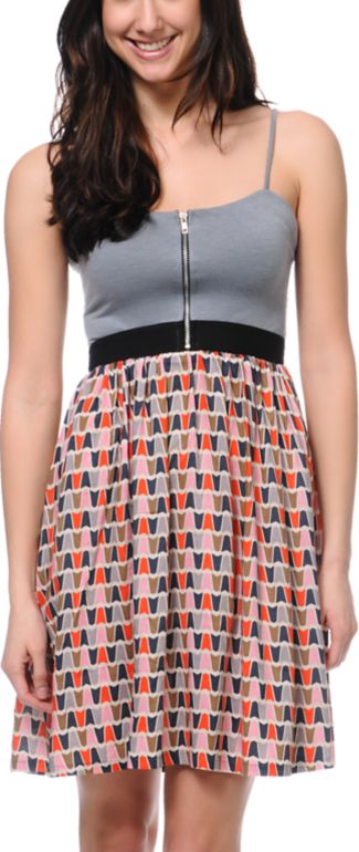 Love, Fire Grey Geo Print Zipper Dress