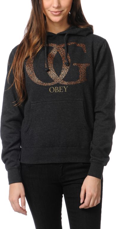 Obey Girls OG Leopard Charcoal Grey Pullover Hoodie