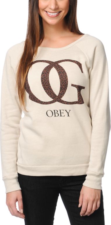 Obey Girls OG Leopard Heather Stone Crew Neck Sweatshirt