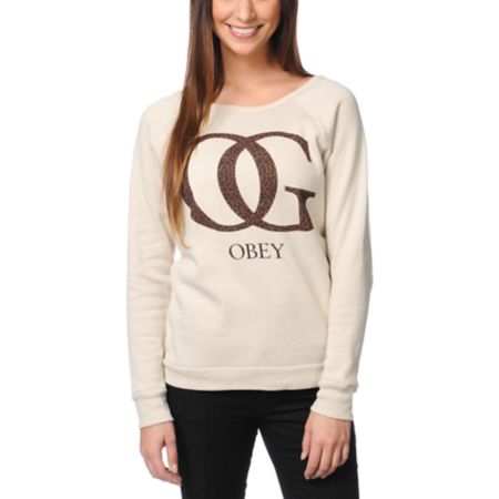 Obey Girls OG Leopard Heather Stone Crew Neck Sweatshirt