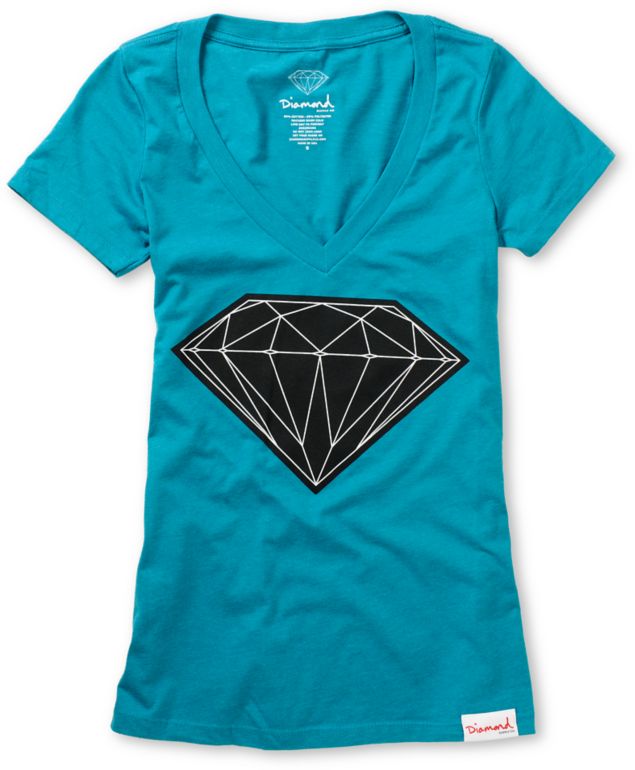 Diamond Supply Girls Big Brilliant Turquoise V-Neck Tee Shirt