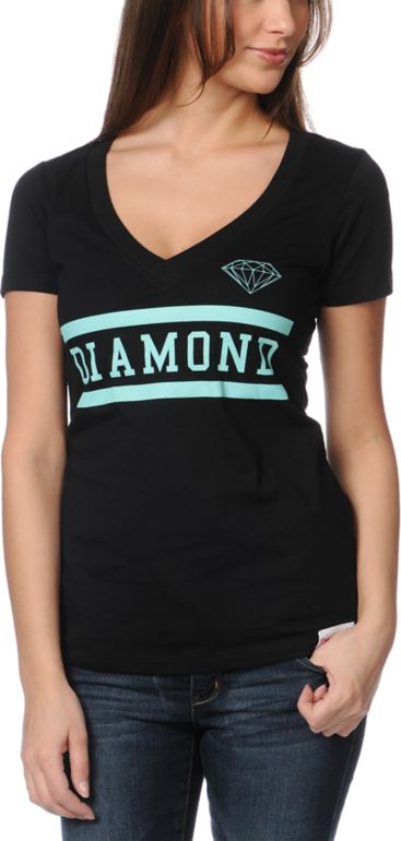 Diamond Supply Girls Collegiate Black V-Neck Tee Shirt