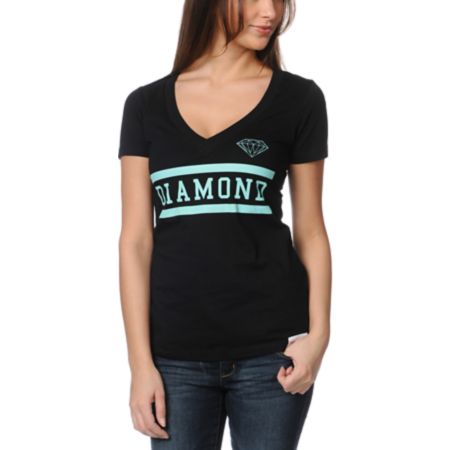 Diamond Supply Girls Collegiate Black V-Neck Tee Shirt