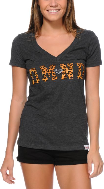 Diamond Supply Girls DMND Leopard Charcoal V-Neck Tee Shirt