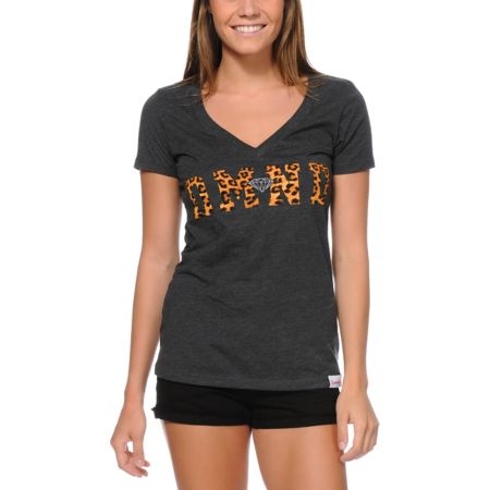 Diamond Supply Girls DMND Leopard Charcoal V-Neck Tee Shirt