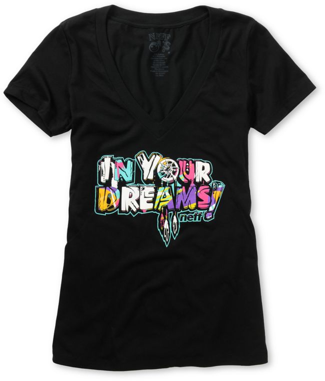 Neff In Your Dreams Girls Black V-Neck Tee Shirt