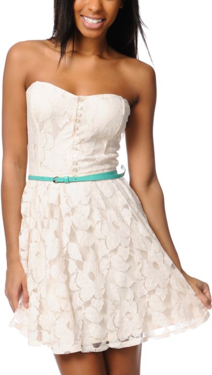 Love, Fire Ivory White Lace Strapless Dress