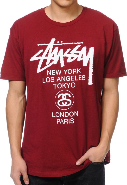 Stussy World Tour Burgundy Tee Shirt