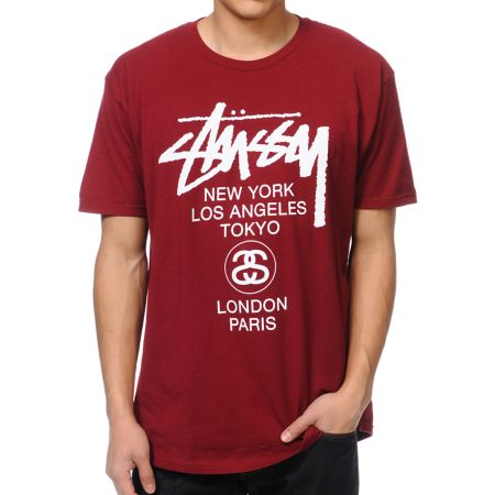 Stussy World Tour Burgundy Tee Shirt