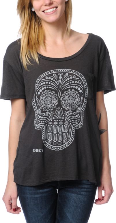 Obey Girls Day Of The Dead Charcoal Throwback Tee Shirt