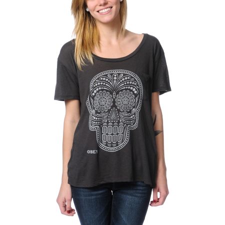 Obey Girls Day Of The Dead Charcoal Throwback Tee Shirt