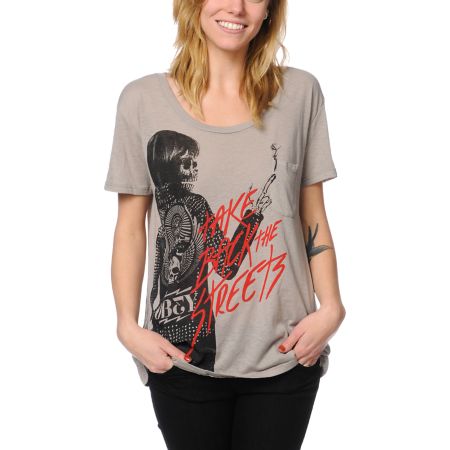 Obey Girls Punker Chick Grey Throwback Tee Shirt