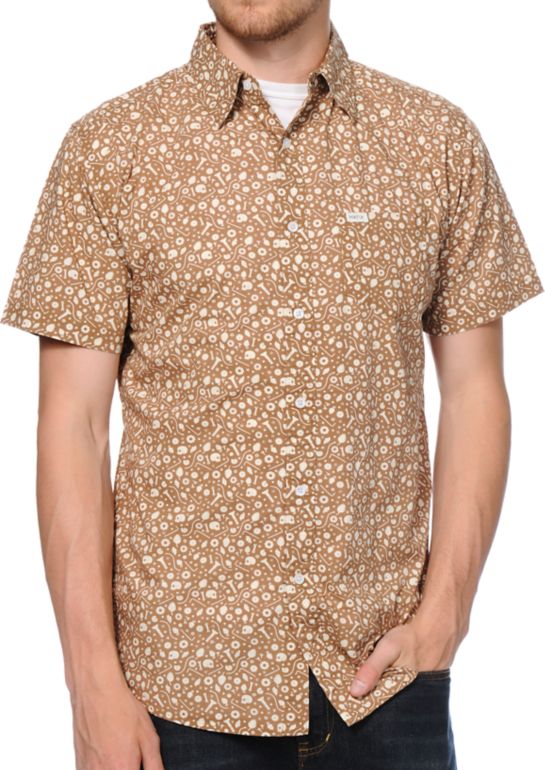 Matix Garage Floral Brown Short Sleeve Button Up Shirt