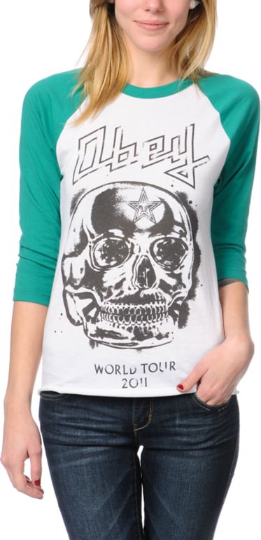 Obey Diamond Skull White & Green Baseball Tee Shirt