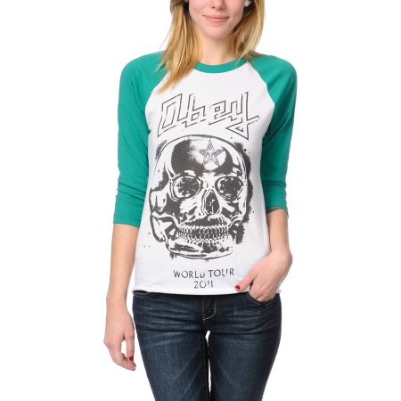Obey Diamond Skull White & Green Baseball Tee Shirt