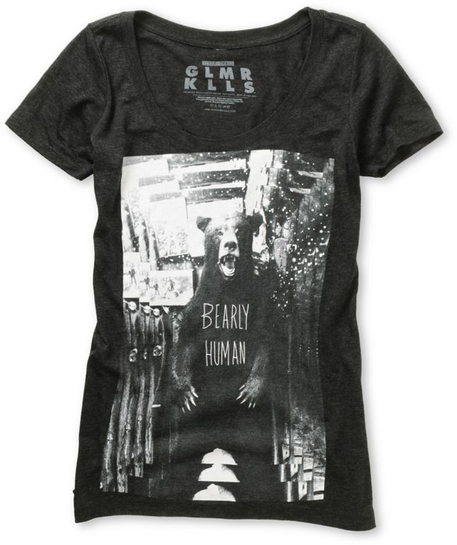 Glamour Kills Girls Bearly Human Charcoal Scoop Neck Tee Shirt