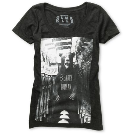 Glamour Kills Girls Bearly Human Charcoal Scoop Neck Tee Shirt