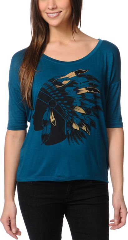 Lira Headdress Dark Teal Scoop Neck Tee Shirt