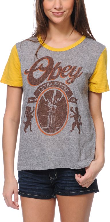 Obey 77 Brewski Grey & Yellow Tee Shirt