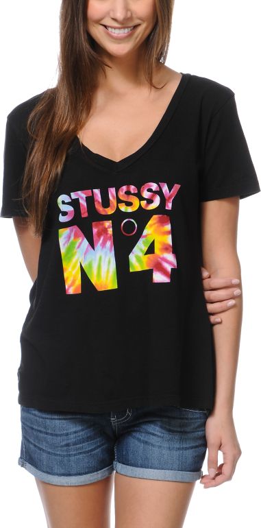 Stussy Girls No. 4 Tie Dye Black V-Neck Tee Shirt