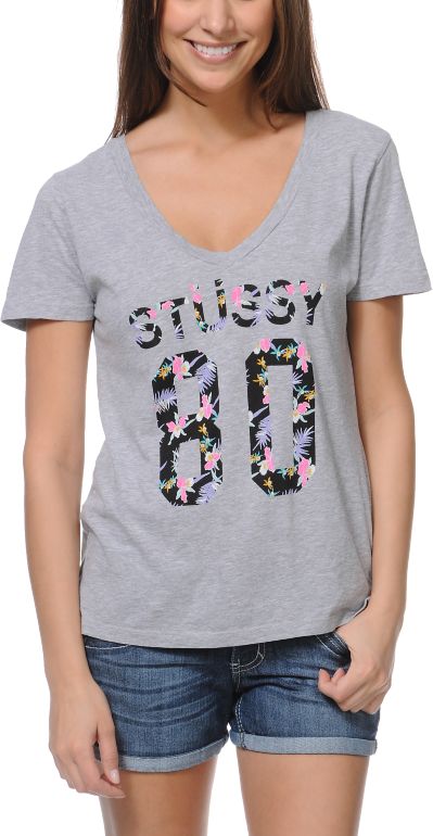 Stussy Girls Hawaii 80 Grey V-Neck Tee Shirt