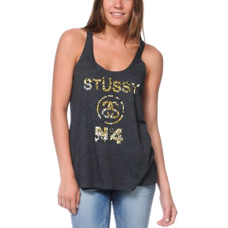 Stussy Girls Cheetah Stussy No. 4 Charcoal Tank Top