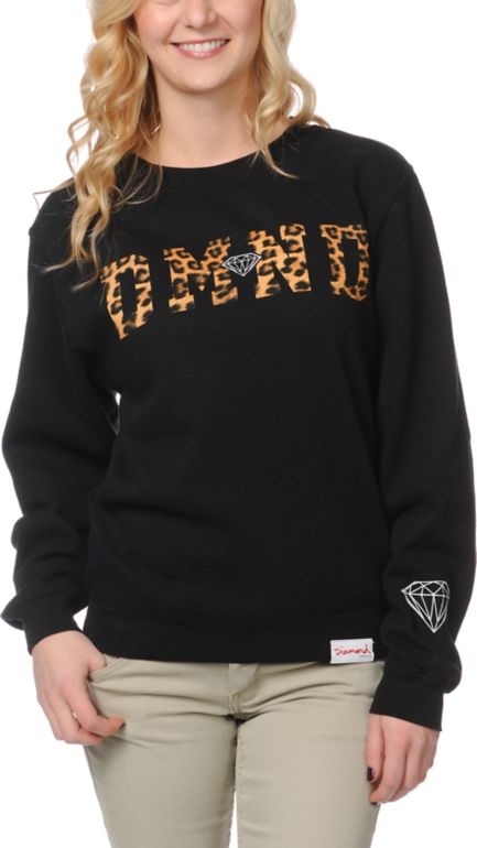 Diamond Supply Girls DMND Leopard Black Crew Neck Sweatshirt