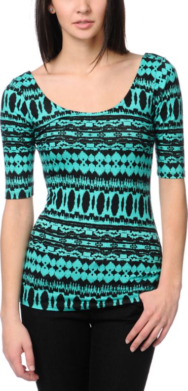 Lunachix Teal & Black Tribal Print Scoop Fitted Top
