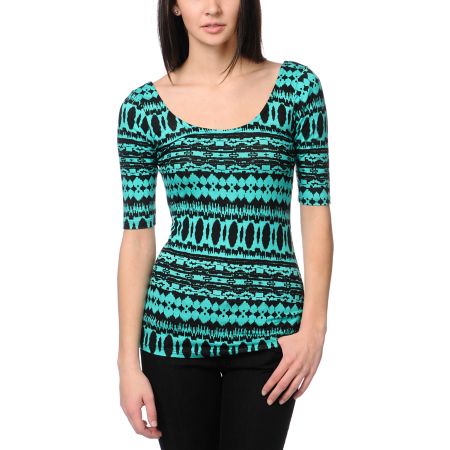 Lunachix Teal & Black Tribal Print Scoop Fitted Top