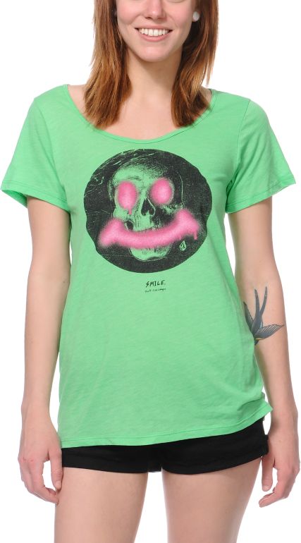 Volcom Girls Say Queso Green Scoop Neck Tee Shirt