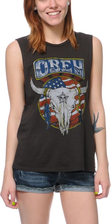 Obey Freedom Skull Charcoal Moto Cut-Off Tank Top