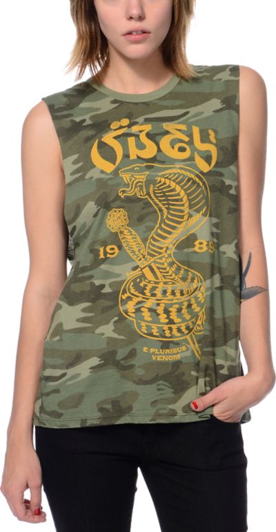 Obey E Pluribus Camo Print Moto Cut-Off Tank Top