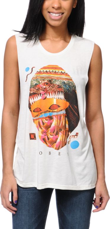 Obey Tribal Summer Natural Moto Cut-Off Tank Top