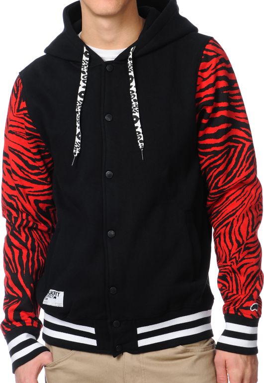 Trukfit Zebra Print Red & Black Hooded Varsity Jacket