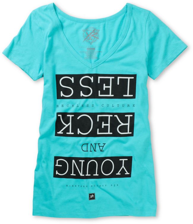 Young & Reckless Tceffe Rorrim Teal V-Neck Tee Shirt