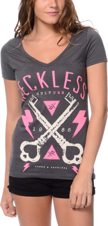 Young & Reckless Keyed In Charcoal V-Neck Tee Shirt