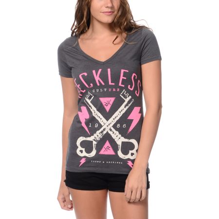 Young & Reckless Keyed In Charcoal V-Neck Tee Shirt