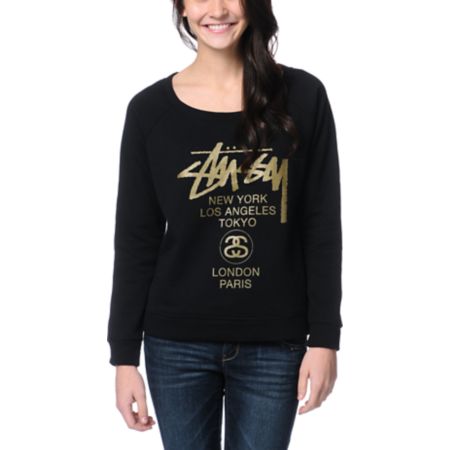 Stussy Girls World Tour Black & Gold Crew Neck Sweatshirt