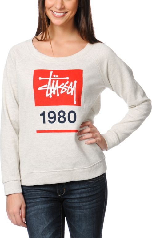 Stussy Girls Stock Box Oatmeal Grey Crew Neck Sweatshirt