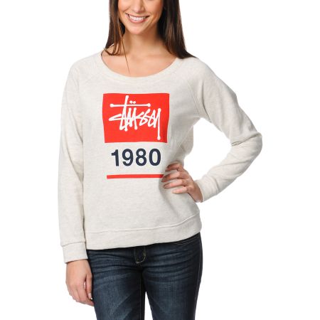 Stussy Girls Stock Box Oatmeal Grey Crew Neck Sweatshirt