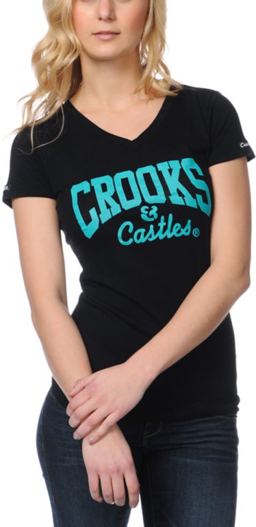Crooks and Castles Girls Core Logo Black V-Neck Tee Shirt