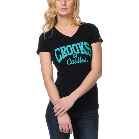 Crooks and Castles Girls Core Logo Black V-Neck Tee Shirt