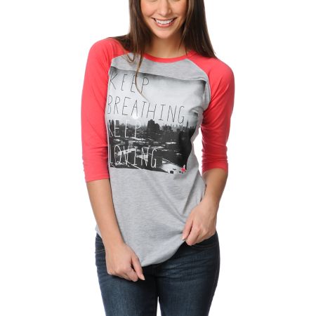 Glamour Kills Keep Breathing Grey & Coral Baseball Tee Shirt